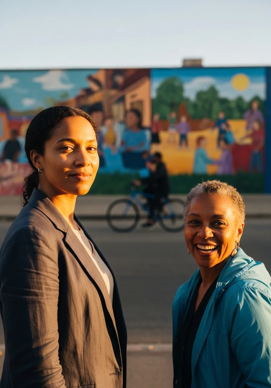 Community leader in front of a vibrant neighborhood mural