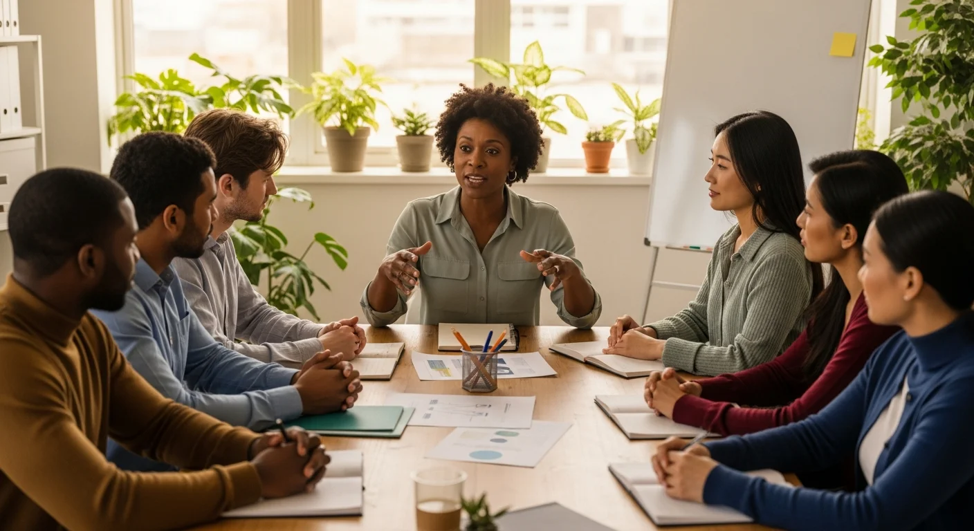 Diverse community leaders collaborating around a table